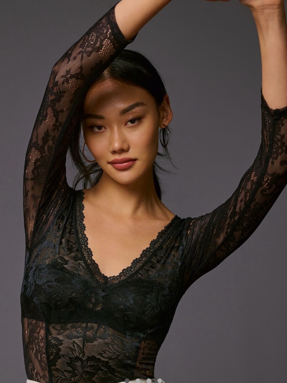 Anthropologie Sheer Lace V-Neck Long Sleeve Thong Bodysuit - Black